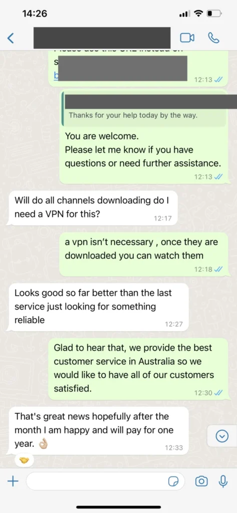 Real WhatsApp customer support conversation screenshot showing verified Sapphire IPTV activation
